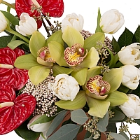 Aranjament floral din Anthurium, Lalele, Lalea, Cymbidium, Orhidee, Floare de orez, Verdeață, Vas 3