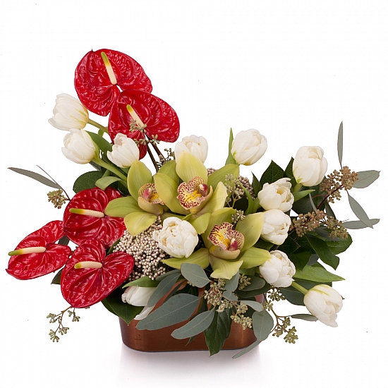 Aranjament floral din Anthurium, Lalele, Lalea, Cymbidium, Orhidee, Floare de orez, Verdeață, Vas
