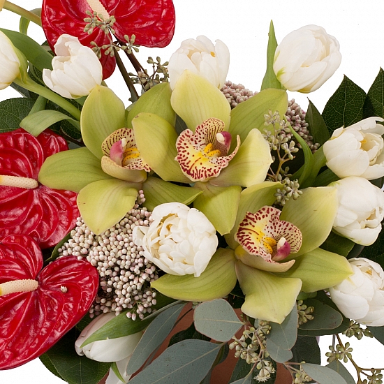 Aranjament floral din Anthurium, Lalele, Lalea, Cymbidium, Orhidee, Floare de orez, Verdeață, Vas
