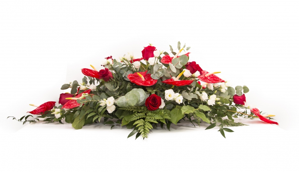 Aranjament floral funerar Trandafiri rosii , Trandafiri albi si Anthurium rosu