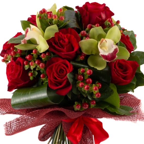 Buchet din trandafiri roșii și orhidee Cymbidium