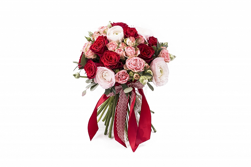 Buchet Mireasa/Nasa ranunculus si trandafiri rosii