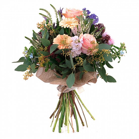 Buchet de Trandafiri, Dalii, Gerbera, Matthiola, Clematis, Schimia, Veronica, Oxypetalum, Verdeață