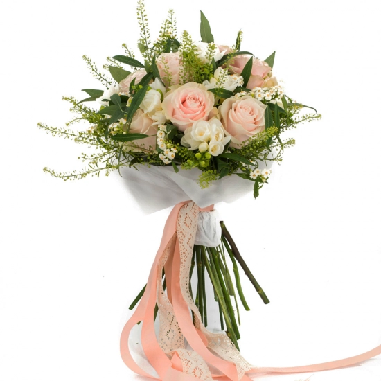 Buchet de 9, Trandafiri, Roz, 8, Frezii, Albe, Frezie, 6, Euphorbia, Albă, Verdeață