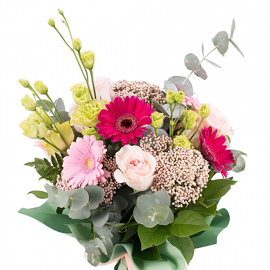 Buchet de 7, Trandafiri, Peach, 3, Gerbera, Mov, 2, Gerbera, Roz, 3, Floare de orez, 2, Lisianthus