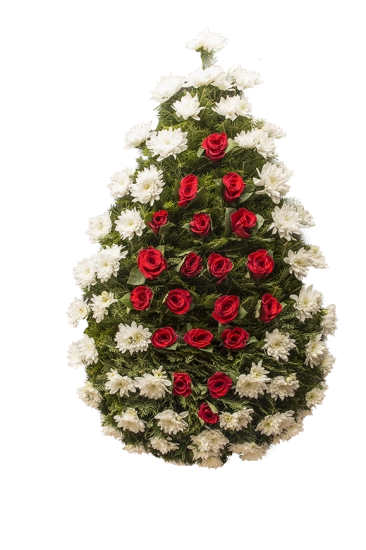 Coroana funerara din crizantema alba si trandafiri rosii in centru