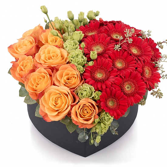 Aranjament de 10 Trandafiri, Portocalii, Portocaliu, Gerbera, Roșii, Roșu, Roșie, Lisianthus, Verde