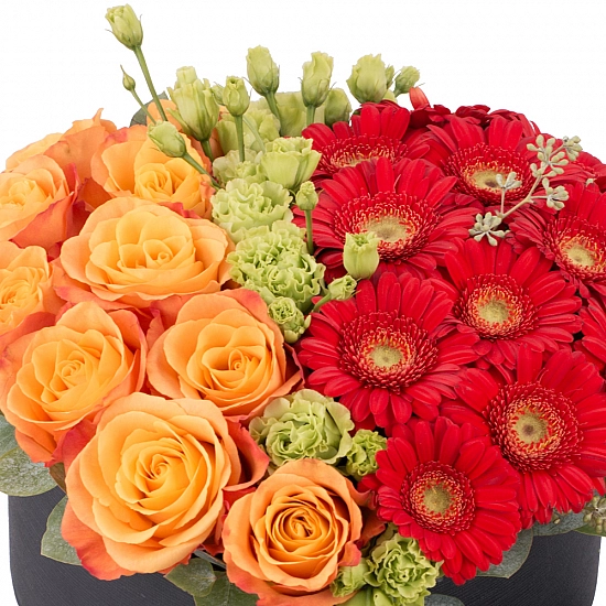 Aranjament de 10 Trandafiri, Portocalii, Portocaliu, Gerbera, Roșii, Roșu, Roșie, Lisianthus, Verde