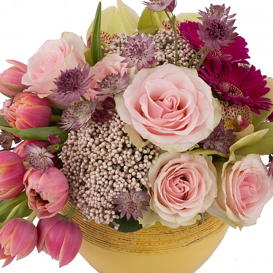 Aranjament de Trandafiri, Lalele, Lalea, Gerbera, Floare de orez, Cymbidium, Orhidee, Astrantia, Vas