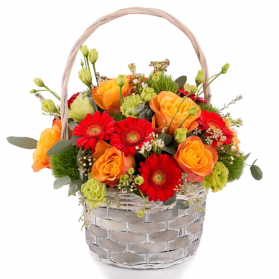 Aranjament de Trandafiri, Portocalii, Portocaliu, Gerbera, Green trick, Lisianthus, Waxflower, Verde