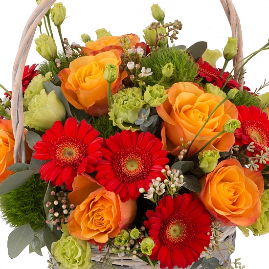 Aranjament de Trandafiri, Portocalii, Portocaliu, Gerbera, Green trick, Lisianthus, Waxflower, Verde