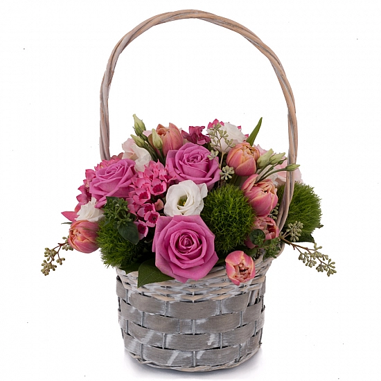 Aranjament de Trandafiri, Trandafiri,  Lalele, Lalea, Gerbera, Green trick, Lisianthus, Bouvardia