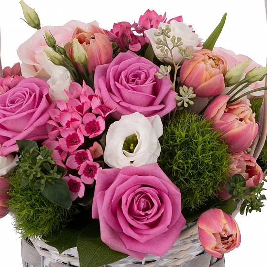 Aranjament de Trandafiri, Trandafiri,  Lalele, Lalea, Gerbera, Green trick, Lisianthus, Bouvardia