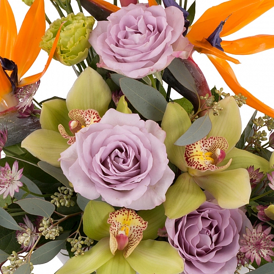 Aranjament din Strelitzia, Streliția, Trandafiri, Lisianthus, Astrantia, Cymbidium, Orhidee, Vas
