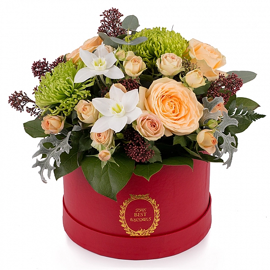 Aranjament din trandafiri, miniroze, crizanteme, eucharis grandiflora, schimia, cutie, rosie