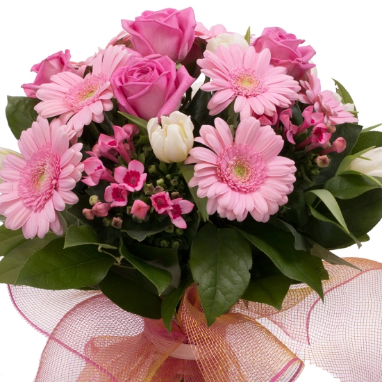 Buchet 5, Trandafiri, Roz, Trandafir, 7, Gerbera, 5, Bouvardia, 10, Lalele, Albe, Lalea, Verdeață