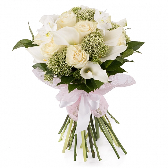 Buchet de 11, Trandafiri, Albi, 10, Cale, Albe. Cală, 2, Eucharis, Grandiflora, Verdeață