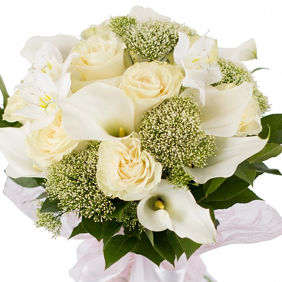 Buchet de 11, Trandafiri, Albi, 10, Cale, Albe. Cală, 2, Eucharis, Grandiflora, Verdeață