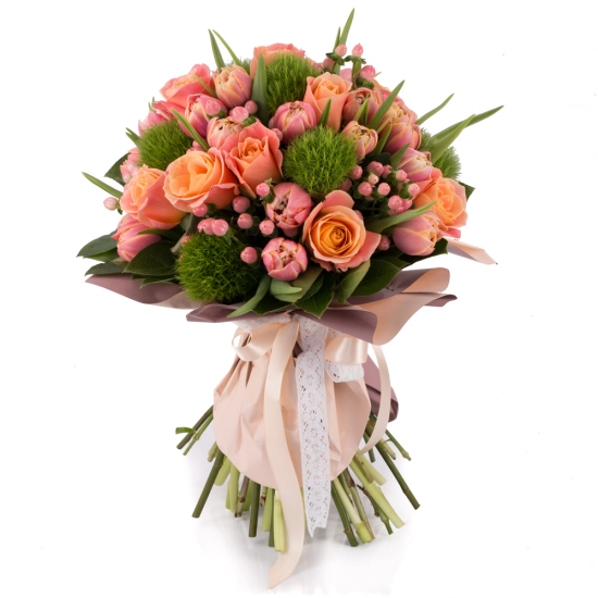 Buchet de 11, Trandafiri, Roz, 20, Lalele, Roz, Lalea, 6, Hypericum, Roz, 6, Green trick, Verdeață