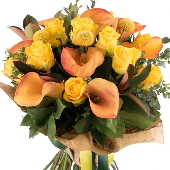 Buchet de 13, Trandafiri, Galbeni, 9, Cale, Pportocalii, Cală, Portocaliu, 3 Craspedia, Verdeață