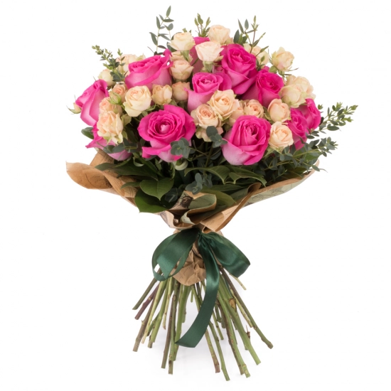 Buchet de 15, Trandafiri, Ciclam, 7, Minirosa, Crem, Verdeață