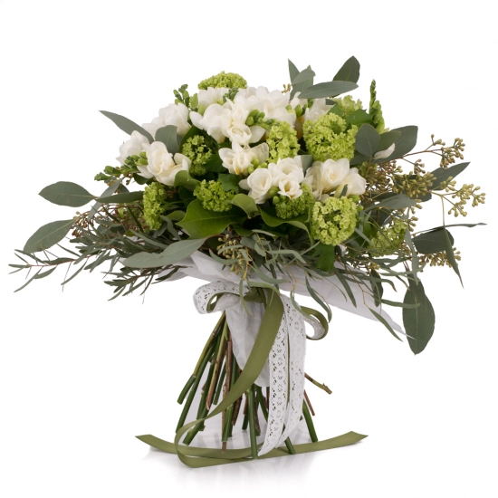 Buchet de 19, Frezii, Albe, Frezie, 10, Viburnum, Verdeață