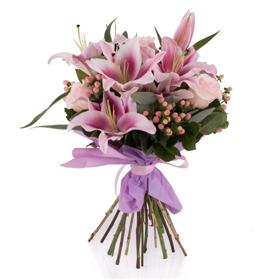 Buchet de 3, Crini, Roz, 5, Trandafiri, Roz, 6, Hypericum, Roz, Verdeață