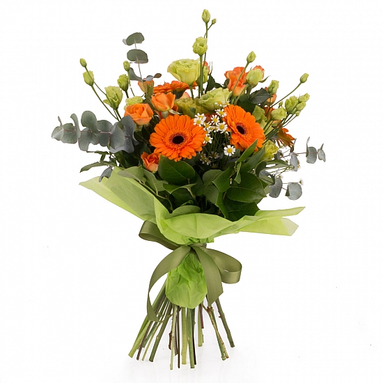 Buchet de 3, Lisianthus, Verde, 5, Gerbera, Portocalie, Portocaliu, 5, Minirosa, Portocalie, Musețel