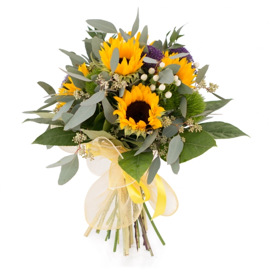 Buchet de 5, Floarea soarelui, 3, Trahelium, Mov, 4, Hypericum, Alb, 4, Green trick, Verdeață