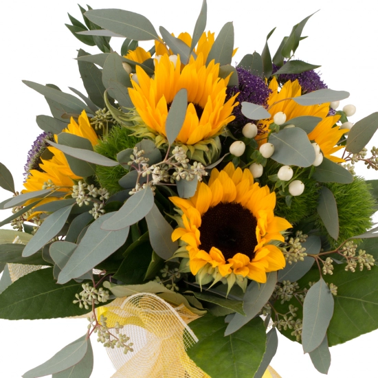 Buchet de 5, Floarea soarelui, 3, Trahelium, Mov, 4, Hypericum, Alb, 4, Green trick, Verdeață