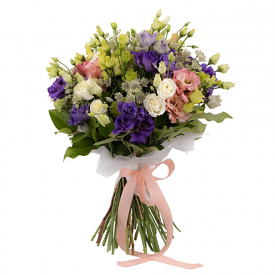 Buchet de 5, Lisianthus, Mov, Alb, Roz, 4, Verde, Astrantia, Albă, Verdeață