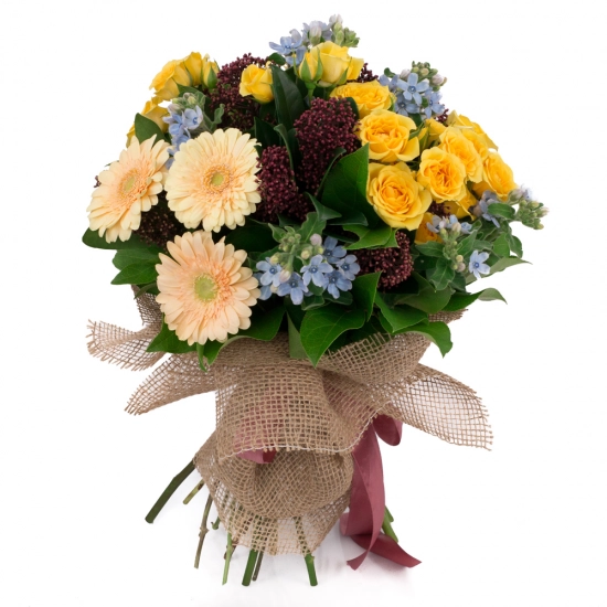 Buchet de 5, Minirosa, Galbenă, 5, Schimia, 3, Gerbera, Crem, 8, Oxypetalum, Verdeață