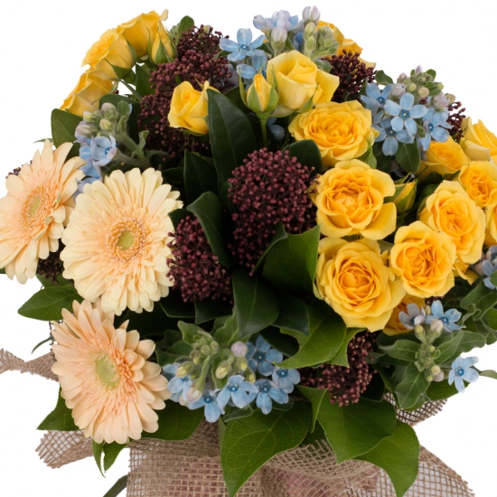 Buchet de 5, Minirosa, Galbenă, 5, Schimia, 3, Gerbera, Crem, 8, Oxypetalum, Verdeață