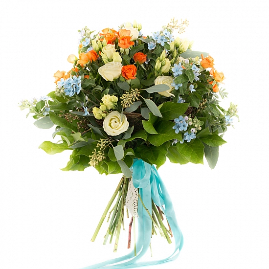 Buchet de 5, Minirose, Portocalii, Minirosa, Portocaliu, 7, Lisianthus, Crem, 8, Oxypetalum, Verde