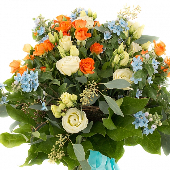 Buchet de 5, Minirose, Portocalii, Minirosa, Portocaliu, 7, Lisianthus, Crem, 8, Oxypetalum, Verde