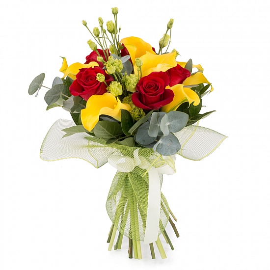 Buchet de 5, Trandafiri, Roșii, Roșu, 9, Cale, Galbene, 3, Lisianthus, Verde, Verzi, Verdeață