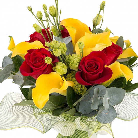 Buchet de 5, Trandafiri, Roșii, Roșu, 9, Cale, Galbene, 3, Lisianthus, Verde, Verzi, Verdeață