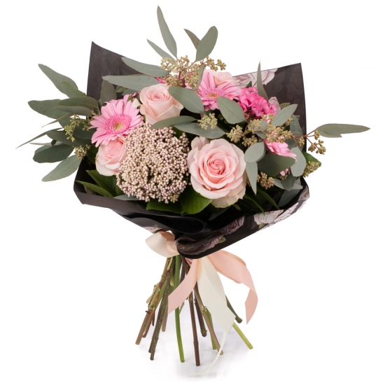 Buchet de 5, Trandafiri, Roz, 3, Bouvardia, 5, Gerbera, 2, Floare de orez, Verdeață