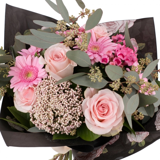Buchet de 5, Trandafiri, Roz, 3, Bouvardia, 5, Gerbera, 2, Floare de orez, Verdeață