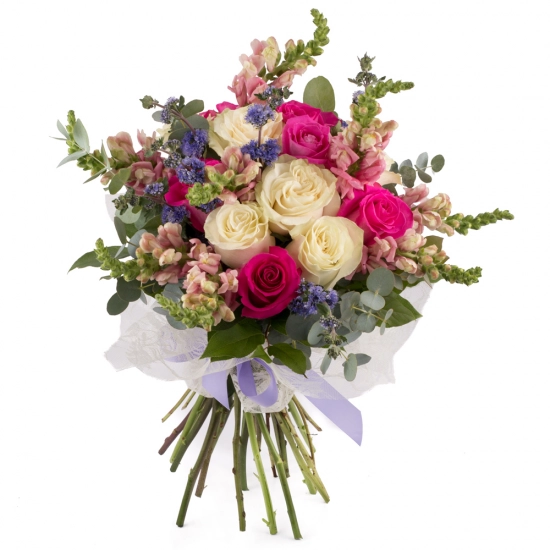 Buchet de 7, Trandafiri, Albi, 6, Trandafiri, Ciclam, 8, Antirrhinum, Roz, 6, Floare de mentă, Verde