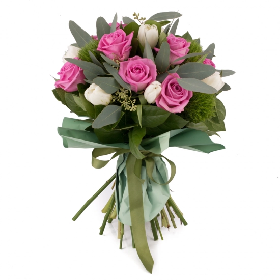 Buchet de 9, Trandafiri, Ciclam, 10, Lalele, Albe, Lalea, 5, Green trick, Verdeață