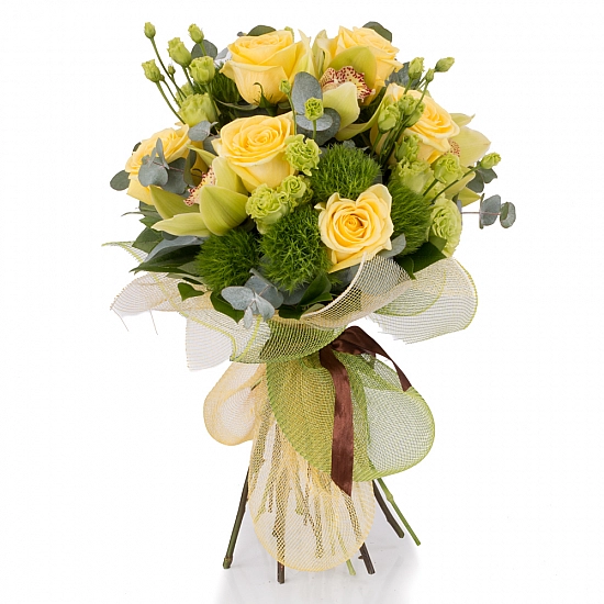 Buchet de 9, Trandafiri, Galbeni, 8, Green trick, 5, Lisianthus, Verde, Verzi, 1, Cymbidium, Orhidee
