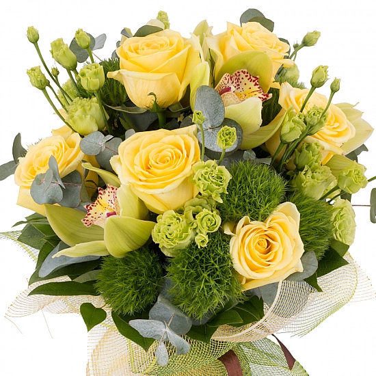 Buchet de 9, Trandafiri, Galbeni, 8, Green trick, 5, Lisianthus, Verde, Verzi, 1, Cymbidium, Orhidee