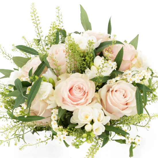 Buchet de 9, Trandafiri, Roz, 8, Frezii, Albe, Frezie, 6, Euphorbia, Albă, Verdeață
