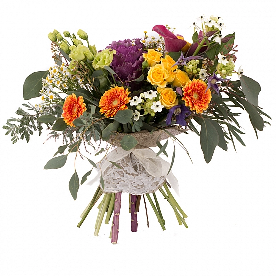 Buchet de Brasica, Cale, Ornitogalum, Minirose, Minirosa, Gerbera, Lisianthus, Clematis, Mușețel