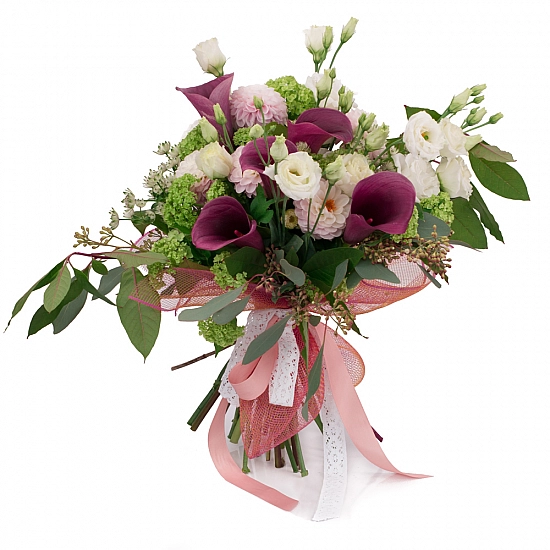 Buchet de Cale, Grena, Cală, Dalii, Dalie, Lisianthus, Viburnum, Astrantia, Verdeață, Alb