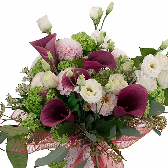 Buchet de Cale, Grena, Cală, Dalii, Dalie, Lisianthus, Viburnum, Astrantia, Verdeață, Alb