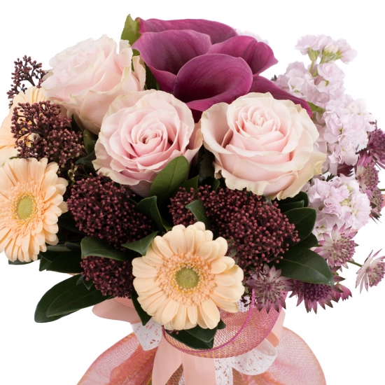 Buchet de Gerbera, Crem, Trandafiri, Crem, Cale, Mov, Matthiola, Roz, Schimia, Astrantia, Grena
