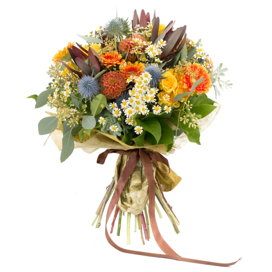 Buchet de Leucadendron, Dalii, Dalie, Gerbera, Minirose, Galbene, Minirosa, Eringium, Mușețel, Verde