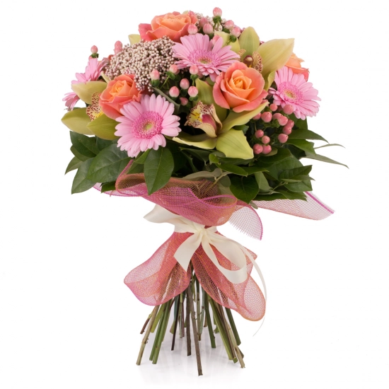 Buchet de Trandafiri, Portocalii, Hypericum, Floare de orez, Gerbera, Cymbidium, Verde, Orhidee, Roz